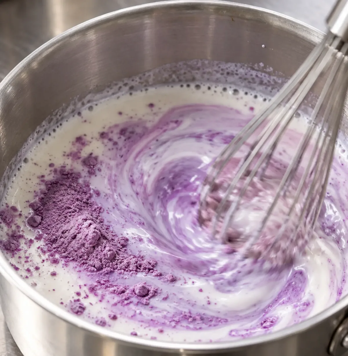 Ube Nolia ube powder dissolved in warm milk, step 1 for ube cinnamon rolls