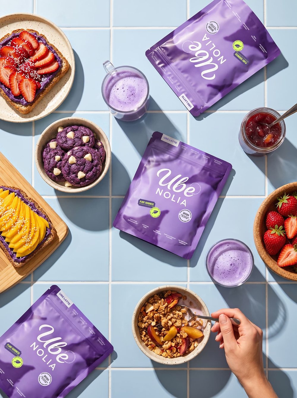 ube-nolia-flatlay-ube-latte-cookies-purple-yam-toast-ube-powder