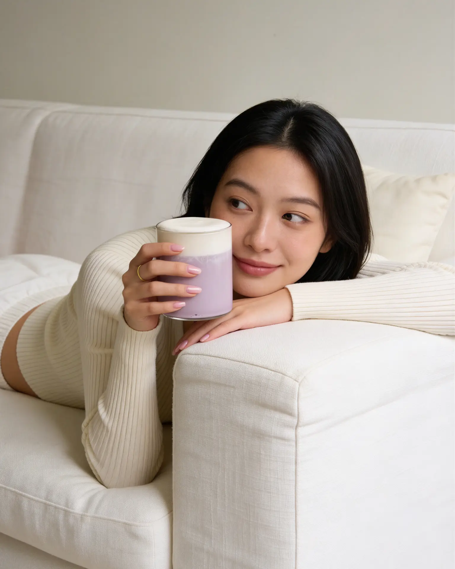 Cozy ube latte moment with Ube Nolia on a sofa
