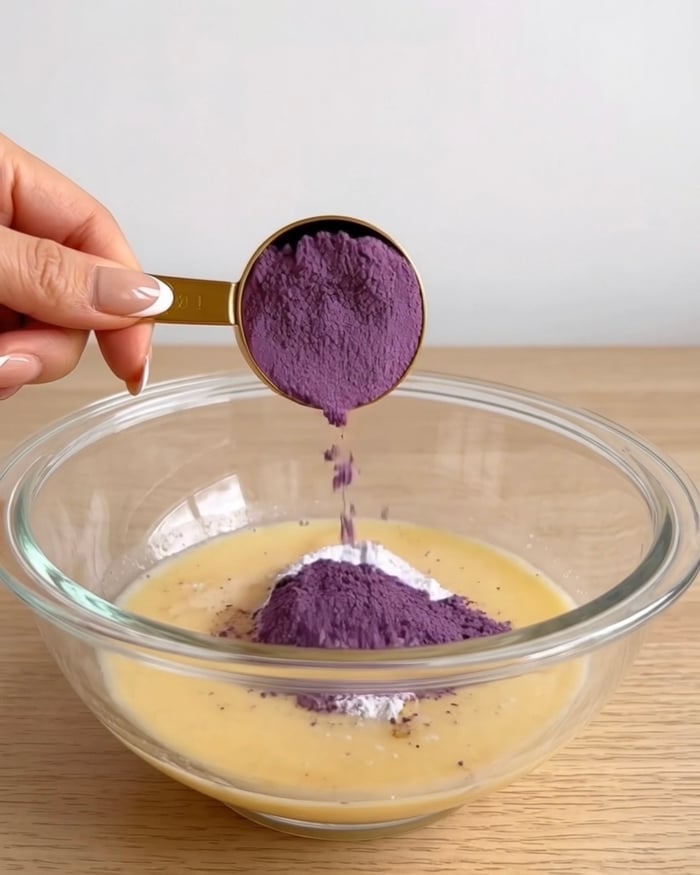 UBE NOLIA® lila yam (ube) powder siktat i en tofu- och honungssmet för proteinrika filippinska ube fudge brownies