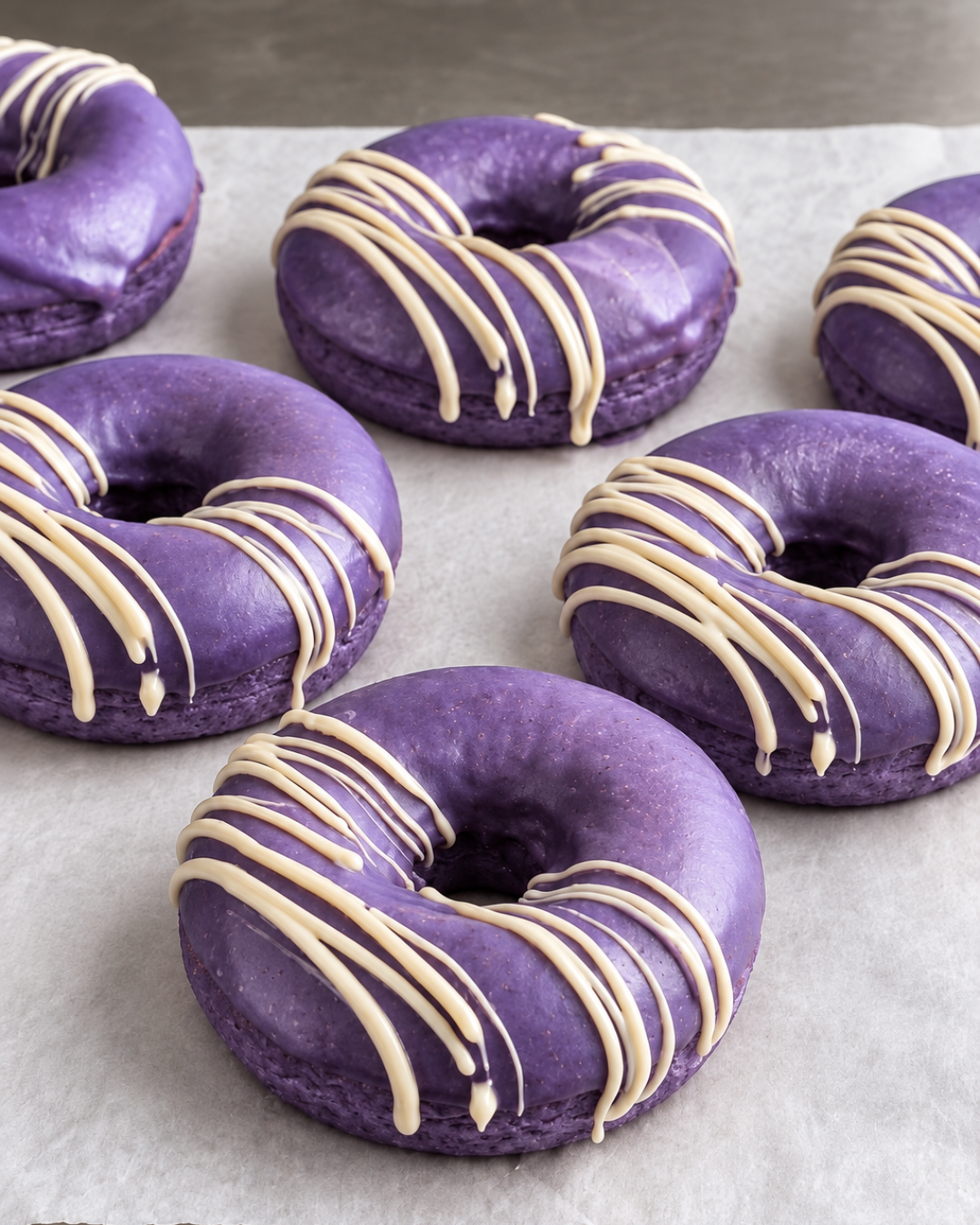 Soft Baked Ube Donuts with Ube Glaze and White Chocolate Drizzle