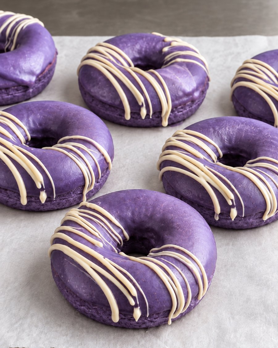 Soft baked ube donuts with purple ube glaze and white chocolate drizzle | Ube Nolia