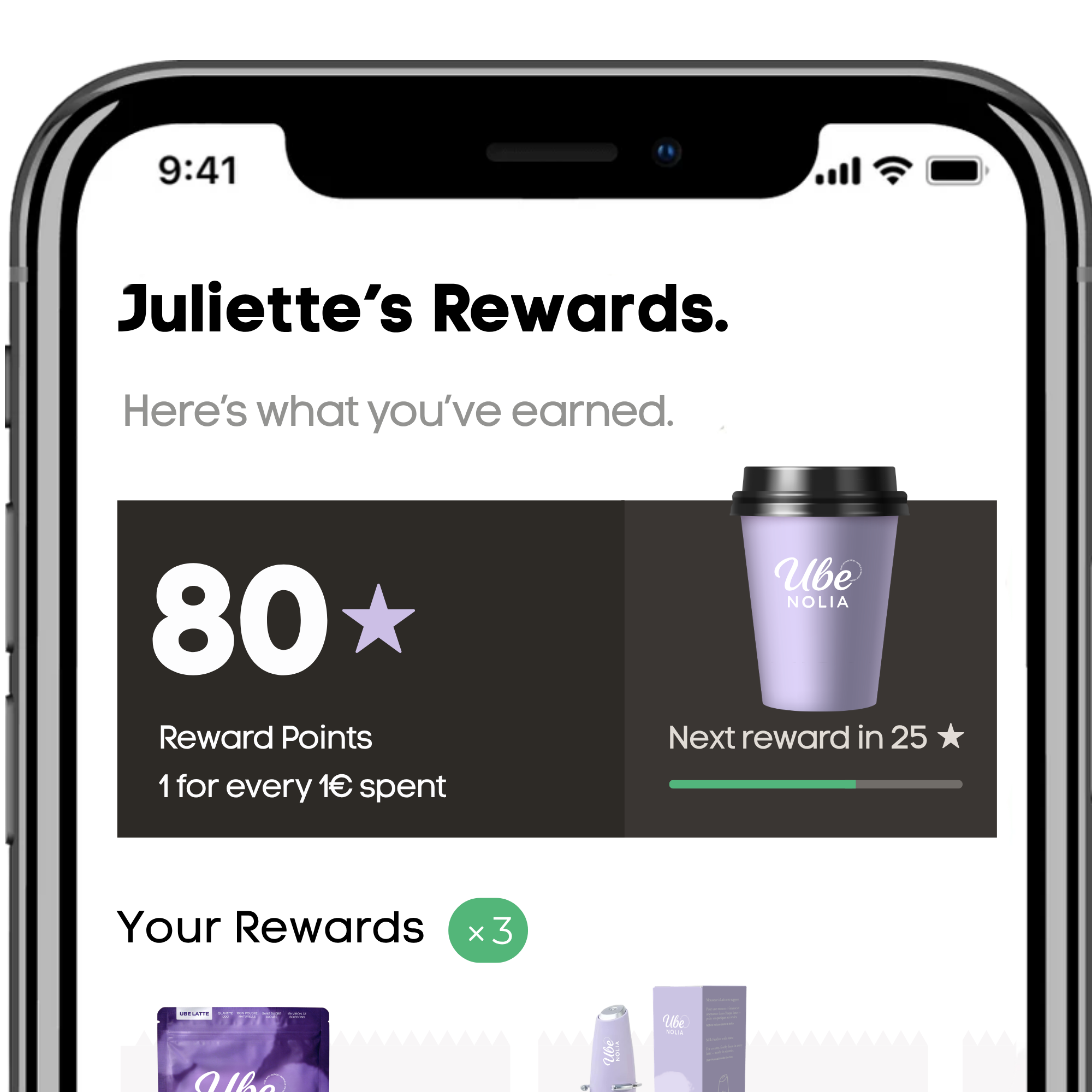 Aplikacja Ube Nolia Rewards z punktami lojalnościowymi i korzyściami dla proszku ube