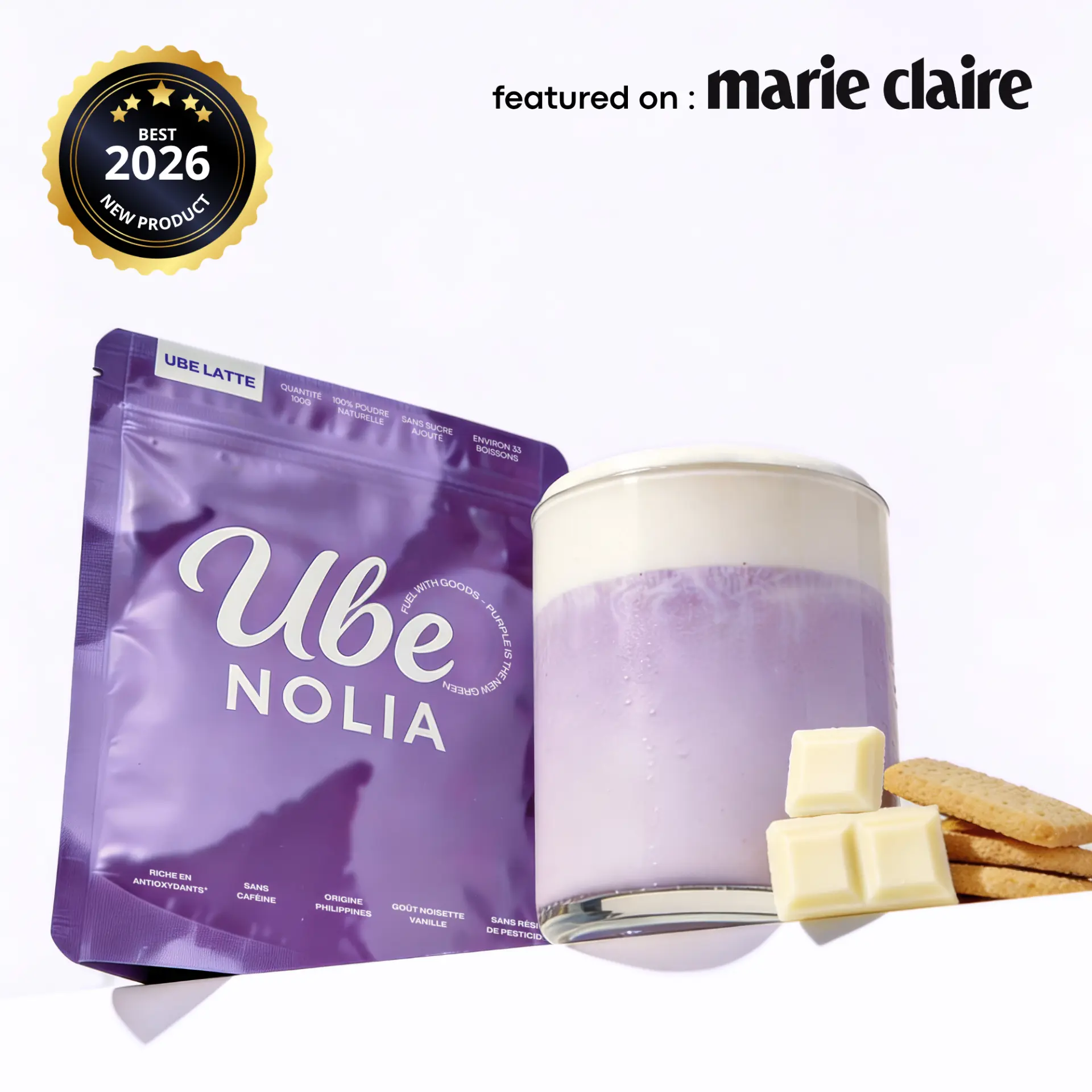 Ube Nolia ube powder pouch with Best 2026 New Product badge and Marie Claire feature | Ube Nolia