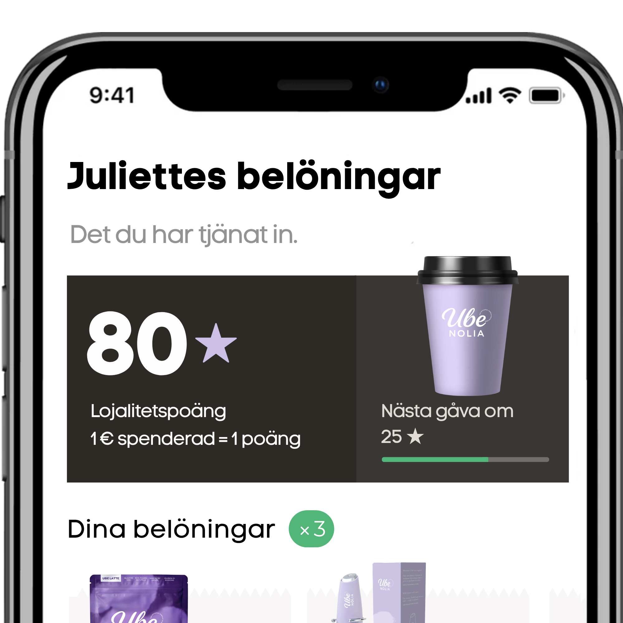 Ube Nolia Rewards-app som visar lojalitetspoäng och förmåner för ube-pulver