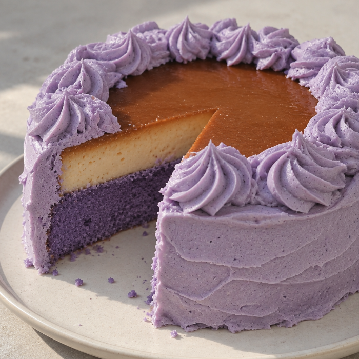 Kotitekoinen ube flan cake puhtaalla Ube Nolia -ube-jauheella