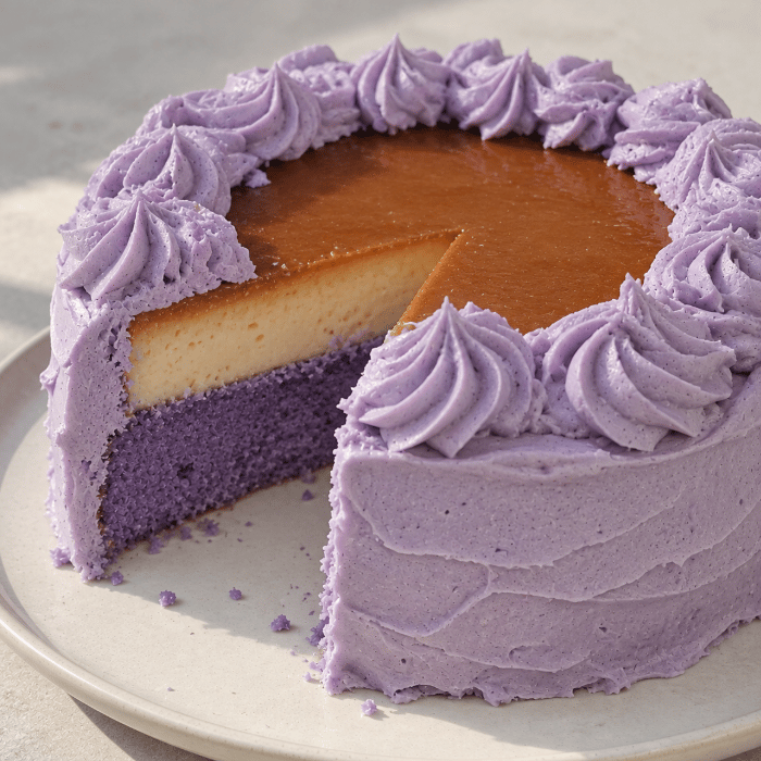 Ube flan cake made at home with Ube Nolia pure ube powder