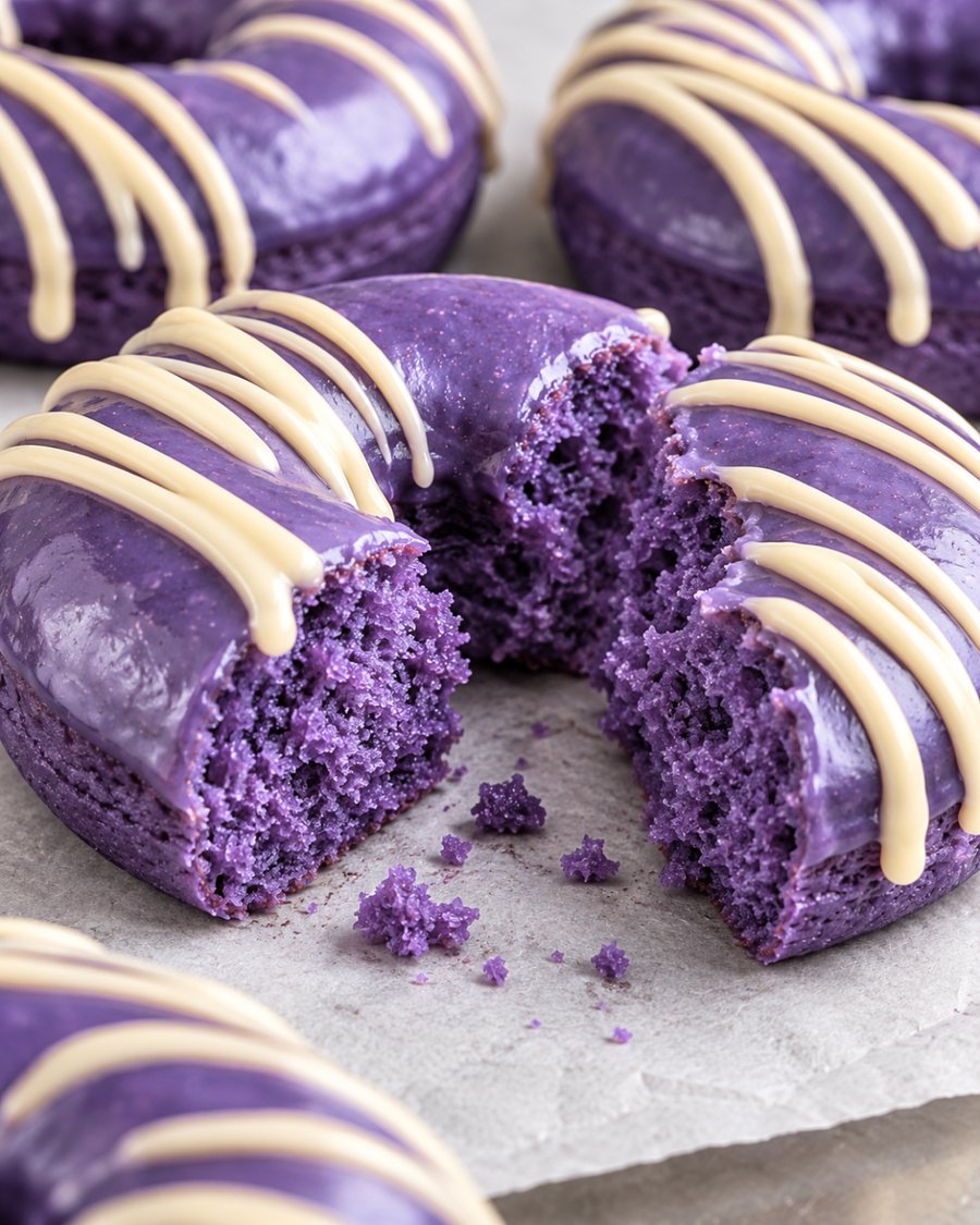 Baked ube donut cut open showing its soft purple crumb