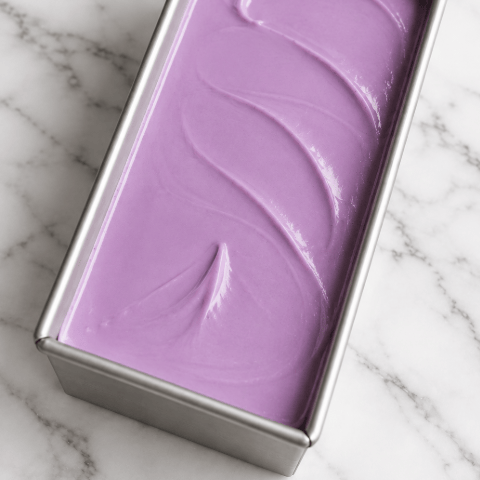 Silky frozen purple yam ube coconut ice cream in a loaf tin after 6 hours, Filipino ube dessert made with Ube Nolia ube powder