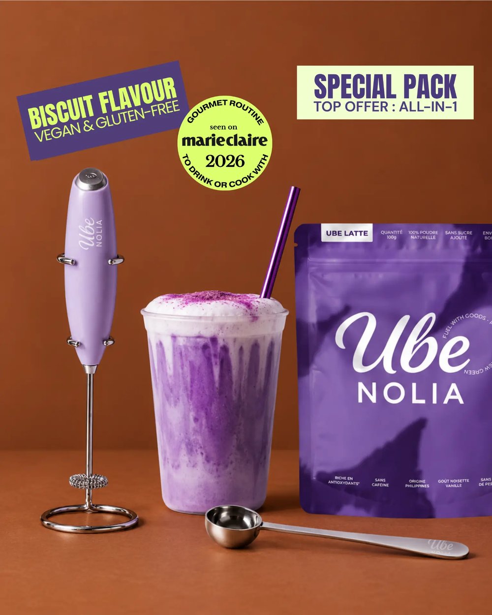 The Ube Nolia kit: ube powder, electric whisk and measuring spoon