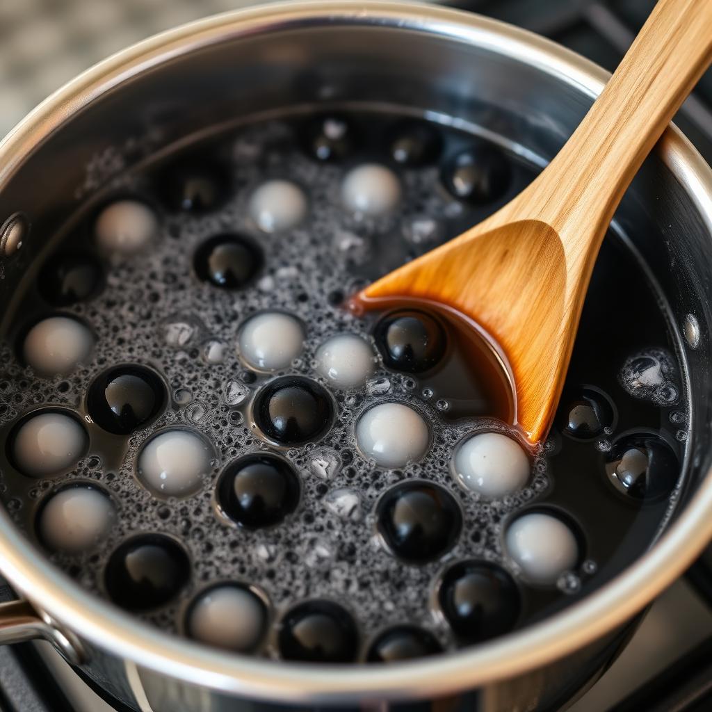 Black tapioca pearls cooking in a pot of bubbling water for Ube Nolia ube bubble tea
