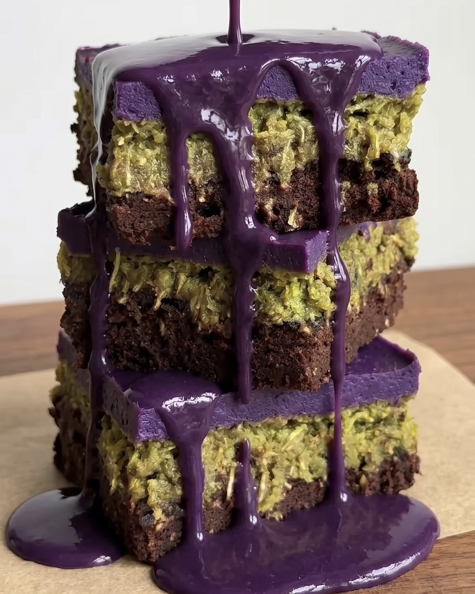 Pourable ube drip sauce cascading over a stack of Ube Dubai chocolate brownie bars by Ube Nolia