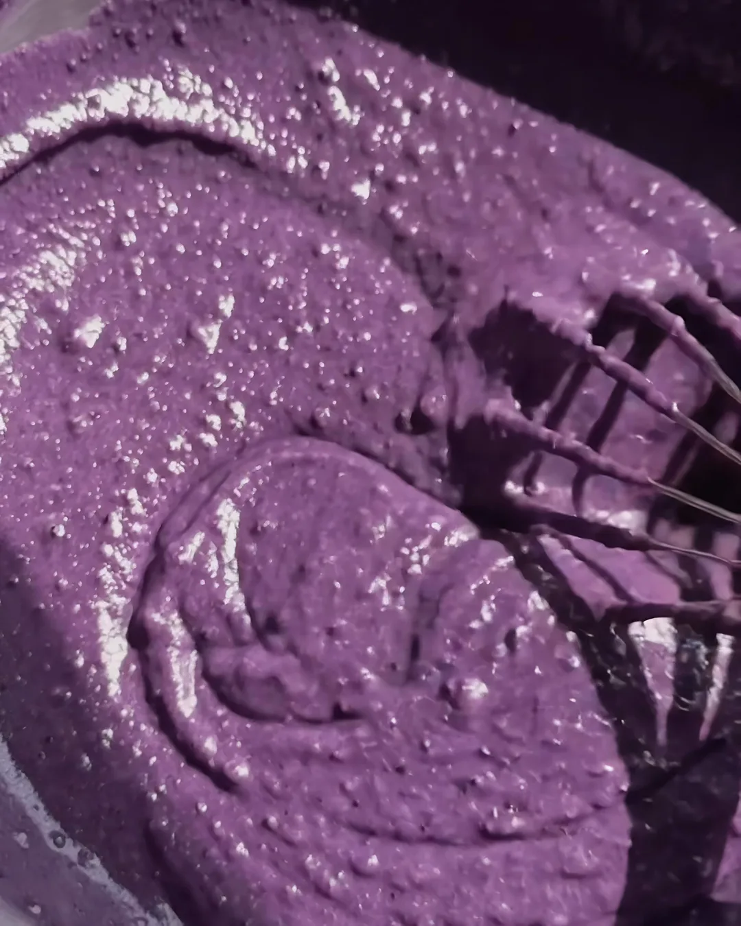Smooth violet ube banana bread batter ready to bake | Ube Nolia
