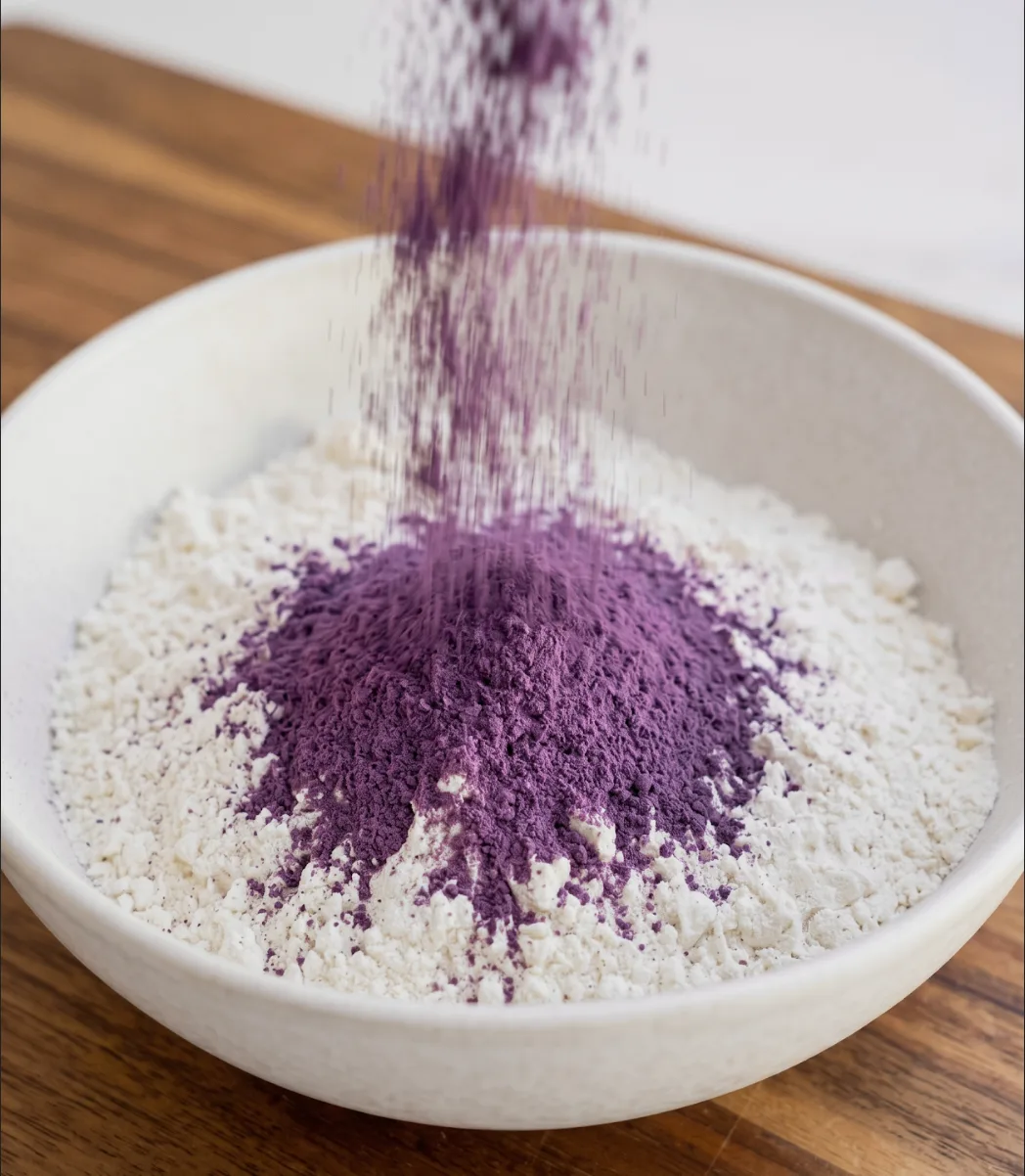 Ube Nolia purple ube powder being sifted into a bowl of white flour for ube coconut loaf cake