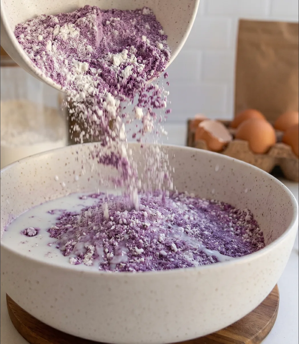 Sifted ube and flour mixture being added to milk in a bowl for Ube Nolia coconut loaf cake batter