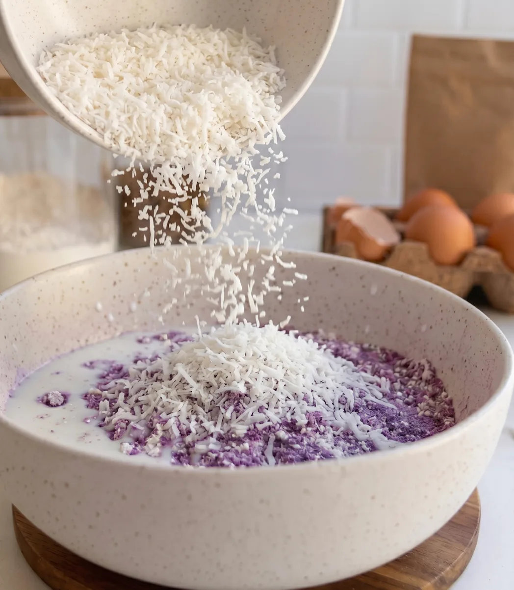 Shredded coconut being poured into the purple ube batter for Ube Nolia coconut loaf cake