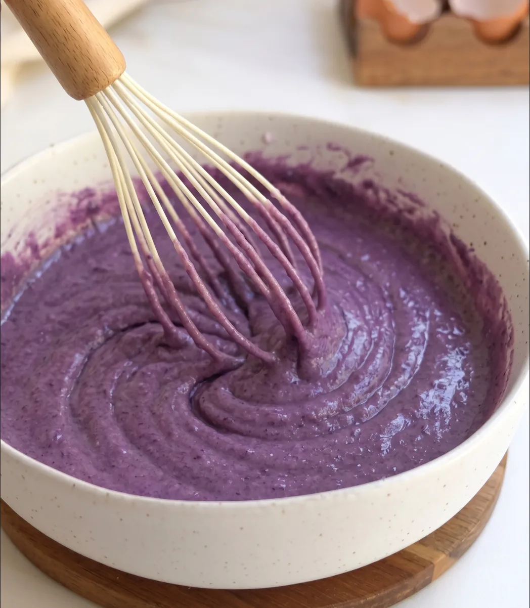 Smooth purple ube coconut cake batter being whisked in a bowl for Ube Nolia loaf cake