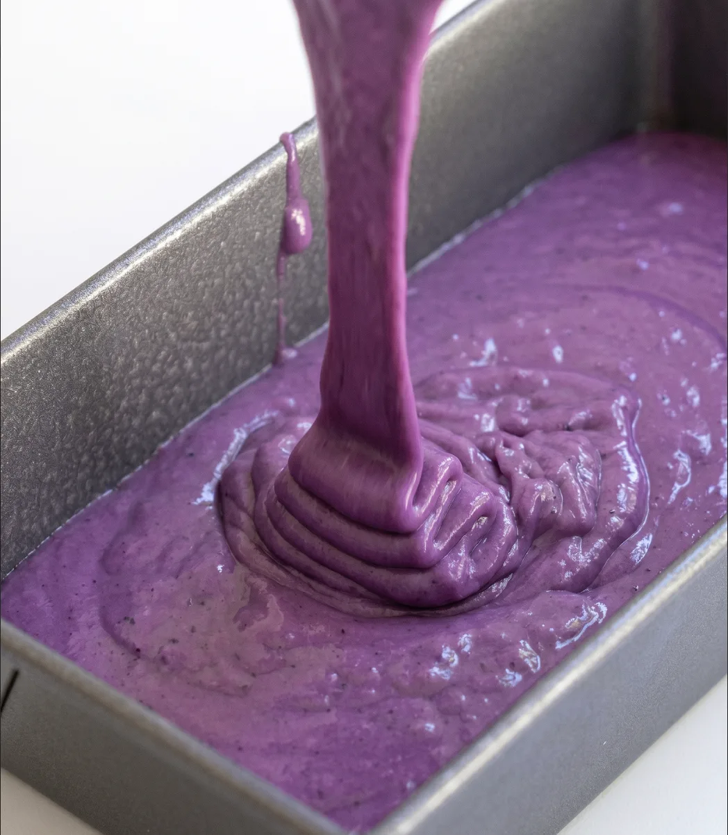 Purple ube coconut loaf cake batter being poured into a metal loaf tin for Ube Nolia recipe