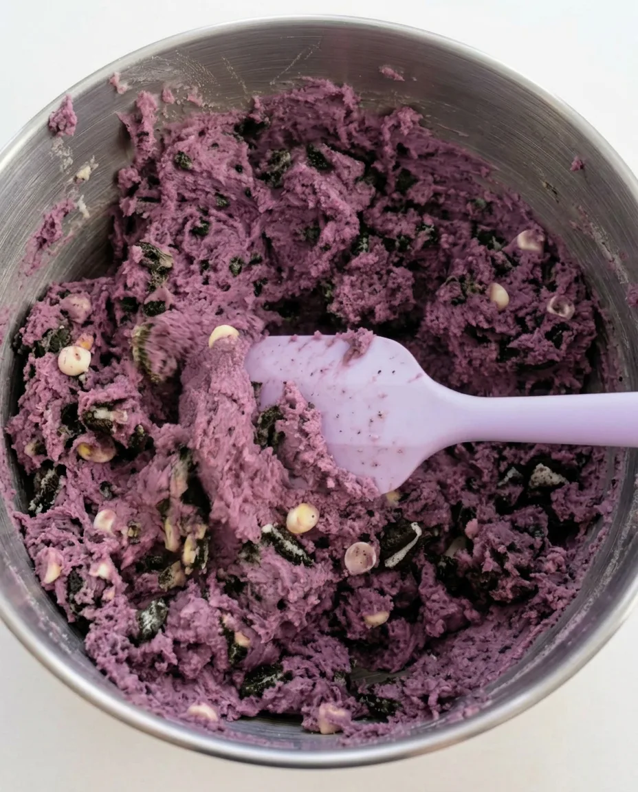 Ube Oreo koekjesdeeg New York style met witte chocolade chunks en verkruimelde Oreo stukjes in een mengkom
