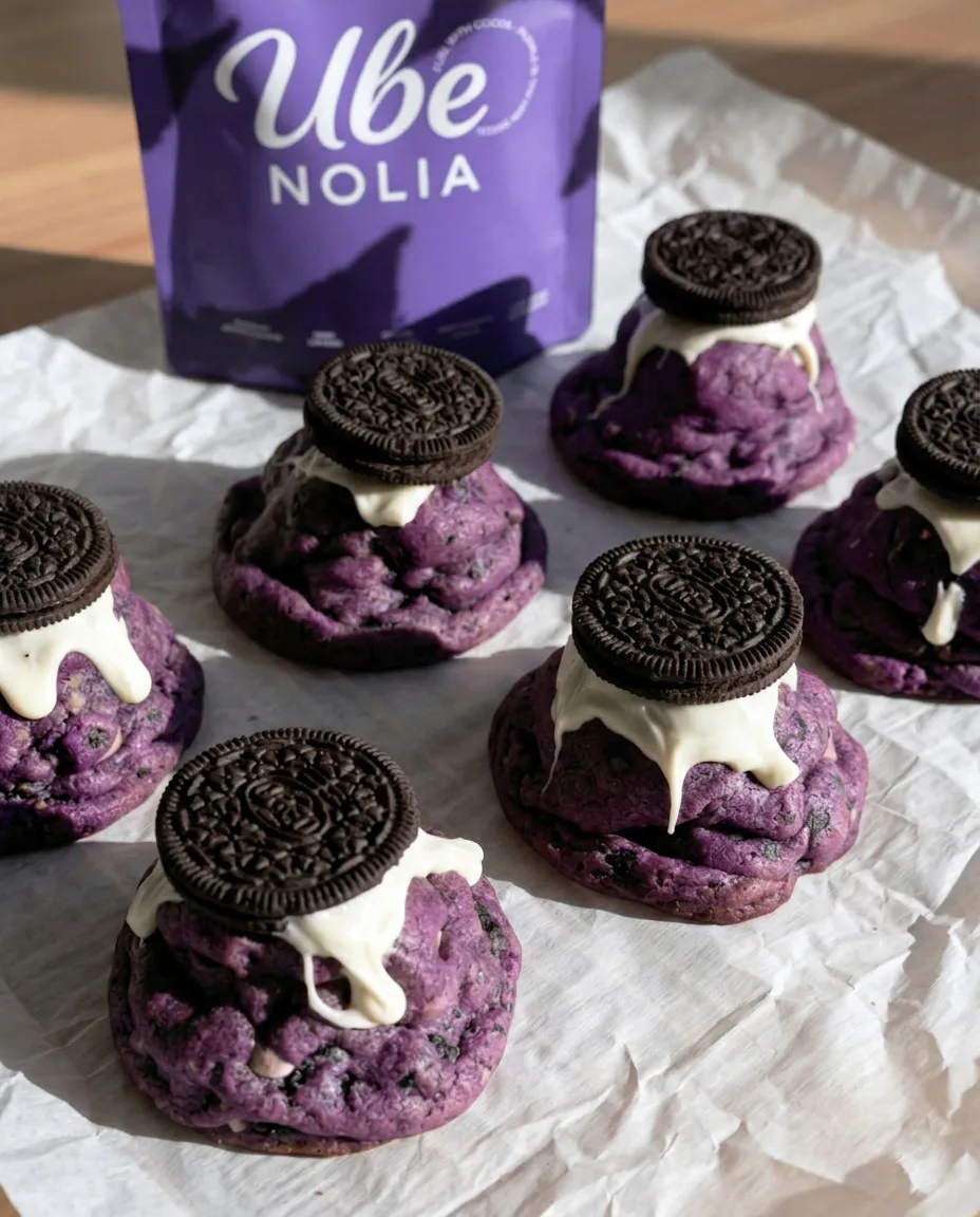 De Beste Ube Oreo Koekjes – Ube Oreo chunky New York style koekjes ube powder zak en witte chocolade die druipt | Ube Nolia