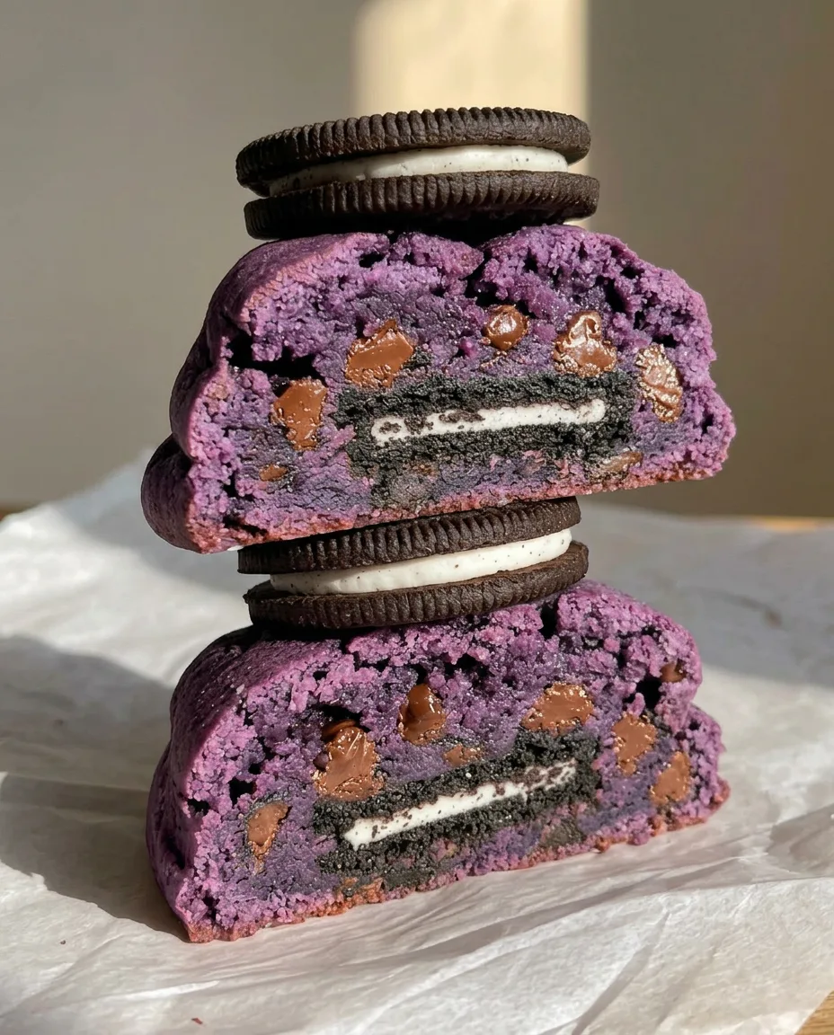 De Beste Ube Oreo Koekjes – Dwarsdoorsnede van gestapelde ube Oreo New York style koekjes die hele Oreo midden laten zien, wit | Ube Nolia