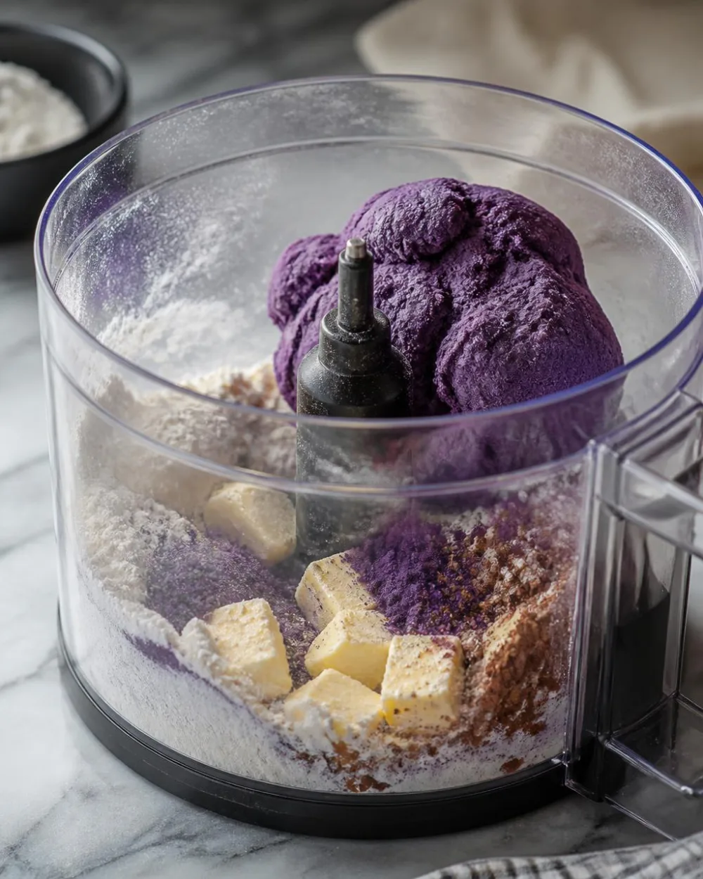 Ube Oreo cookie dough – violet dough in a food processor with ube powder, flour, cocoa and butter | Ube Nolia