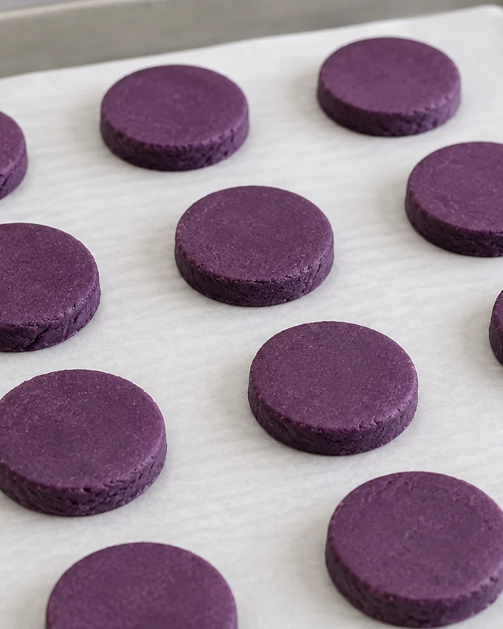 Ube Oreo wafers – hands pressing purple ube dough into thin 3 mm rounds on parchment | Ube Nolia