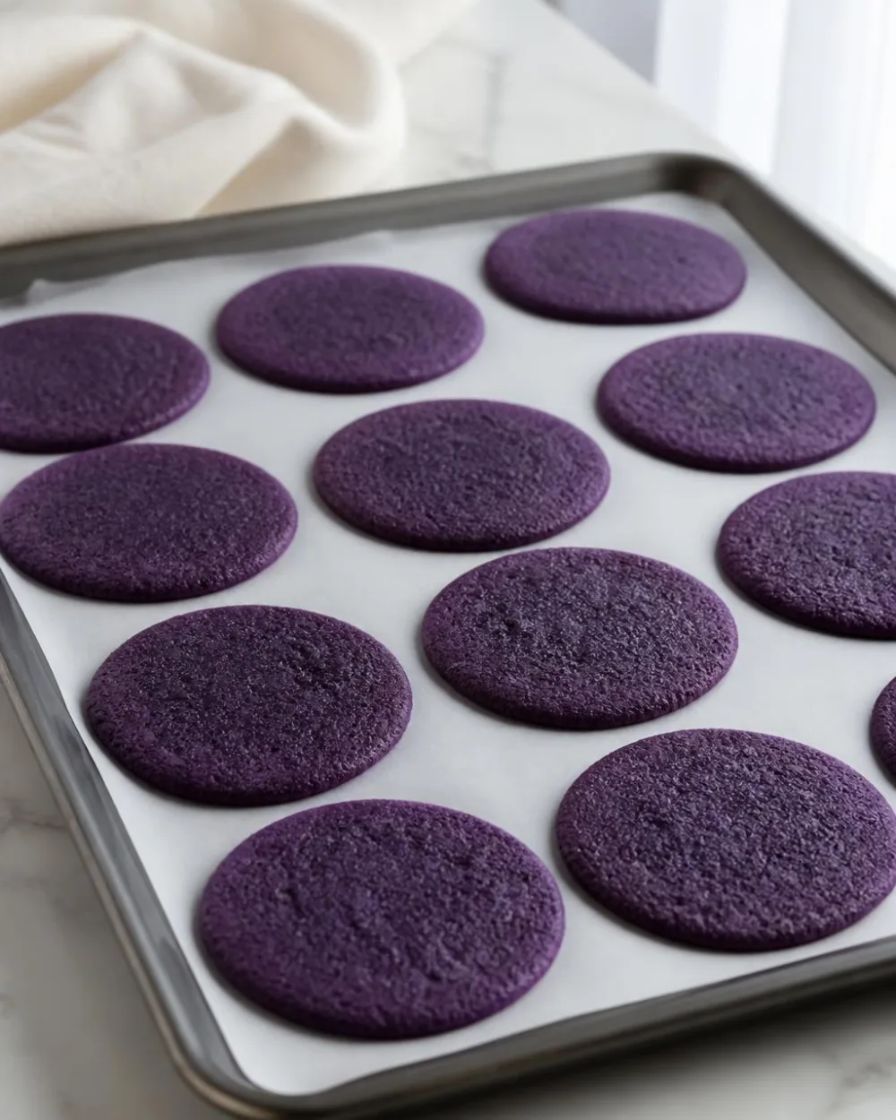 Baked ube Oreo wafers – purple ube cookie discs cooling on a baking tray | Ube Nolia
