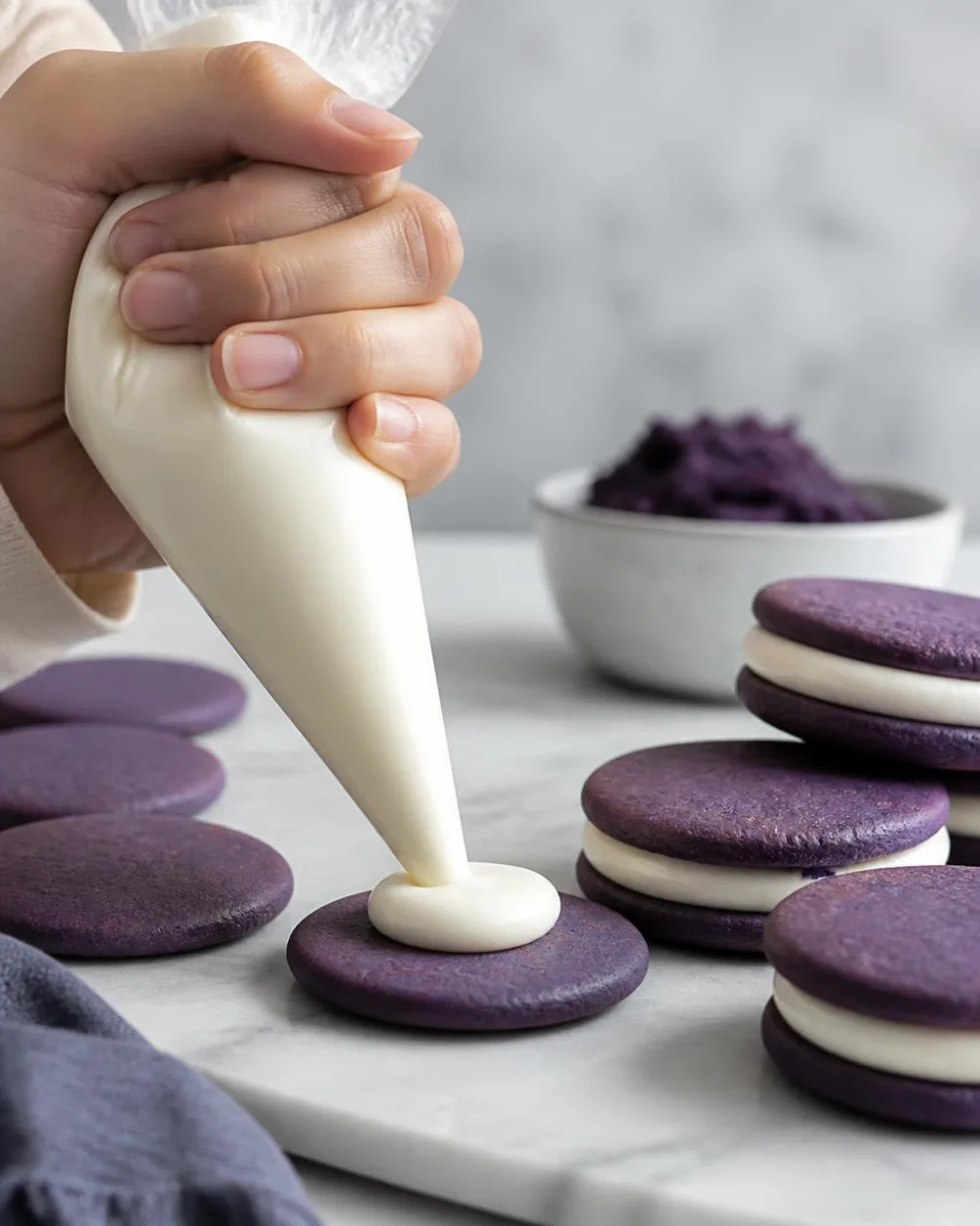 Filling ube Oreo cookies – piping white chocolate ganache onto purple ube wafers | Ube Nolia