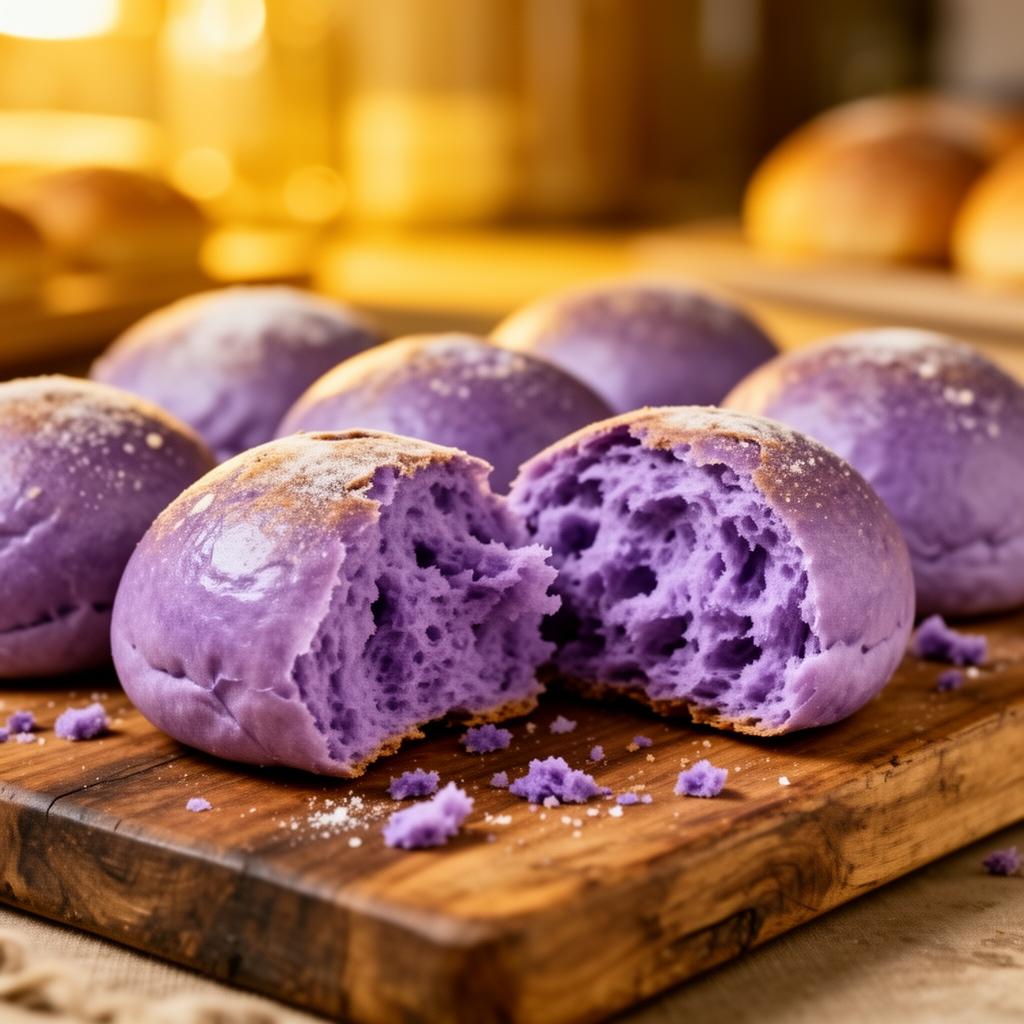 Freshly baked purple ube pandesal bread rolls on a rustic wooden board, one split open showing fluffy purple interior
