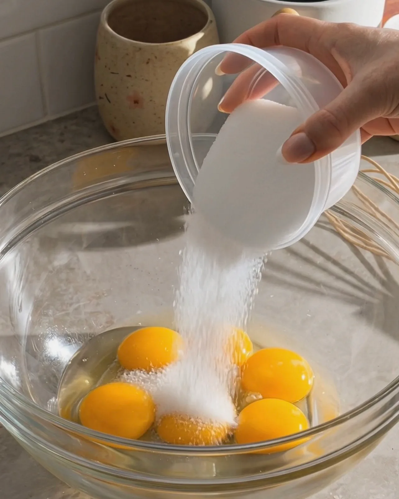 Pouring sugar over egg yolks in a glass bowl for ube chiffon cake batter by Ube Nolia