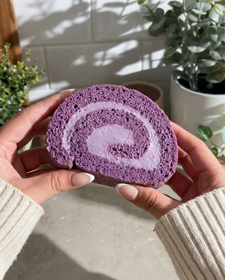 Hands holding a perfectly sliced ube roll cake showing the purple swirl and cream filling by Ube Nolia